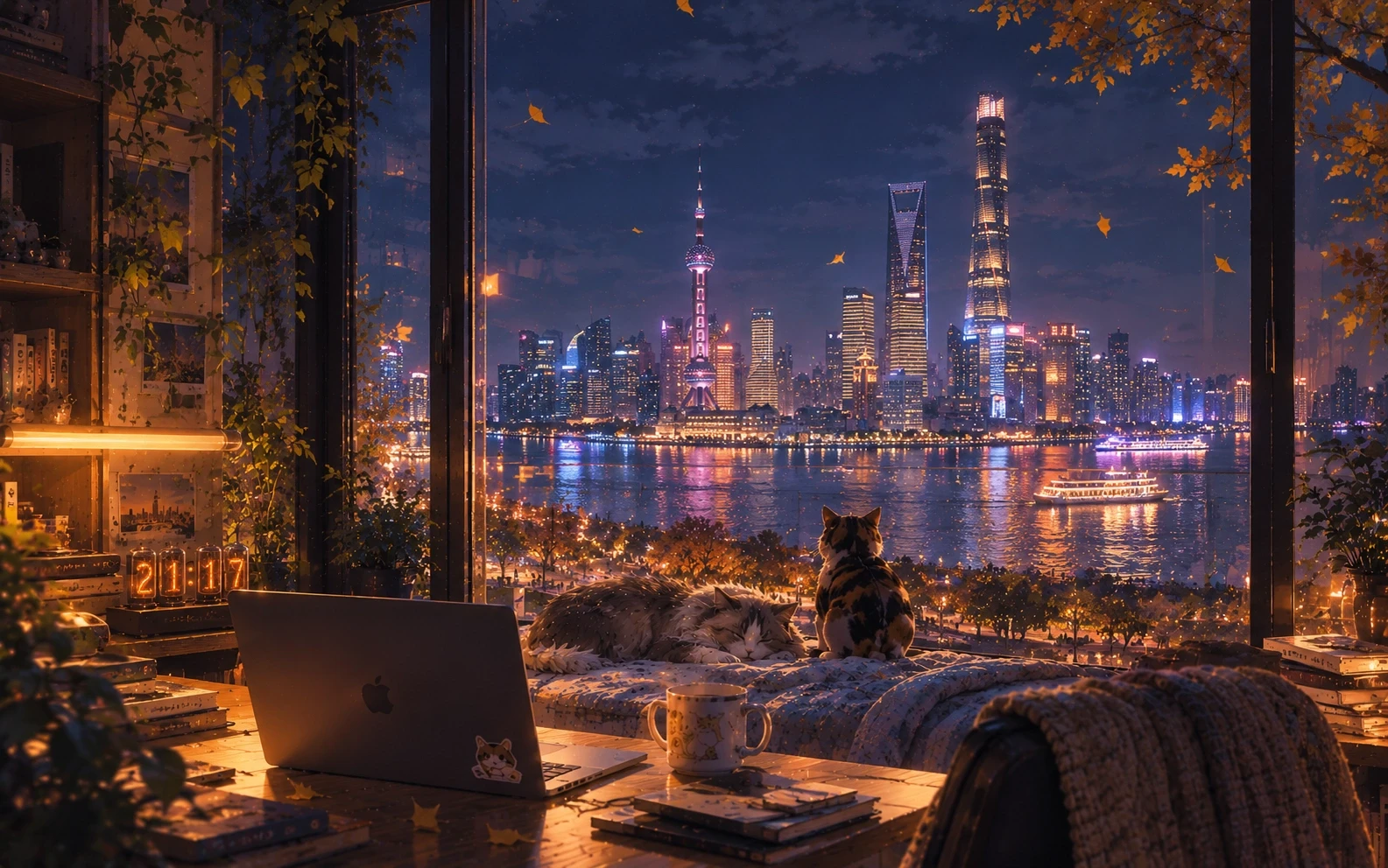 Painted illustration: a desk by the window on an autumn night. One cat sleeps on the sill and another sits watching a lit skyline across the river, while yellow leaves drift down outside.
