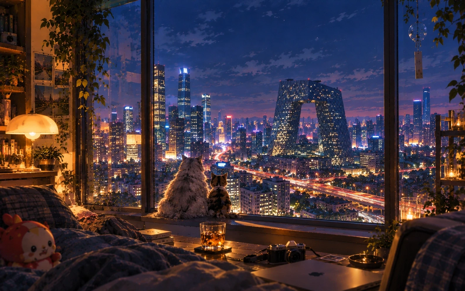 Painted illustration: a dark room high above a city at night. Two cats sit on the window sill looking out at lit towers, a great arch-shaped building and expressways streaked with traffic; a lamp, candles and a glass of iced tea glow in the room.