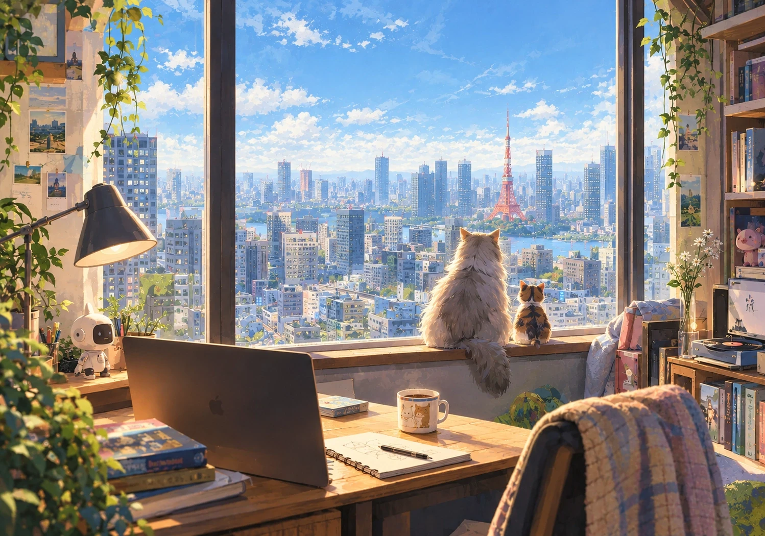 Painted illustration: the same Tokyo apartment workspace on a clear afternoon. Two cats sit on the window sill looking out over the sunlit city and Tokyo Tower; a laptop, a small robot figurine, a sketch notebook and a coffee mug sit on the desk.