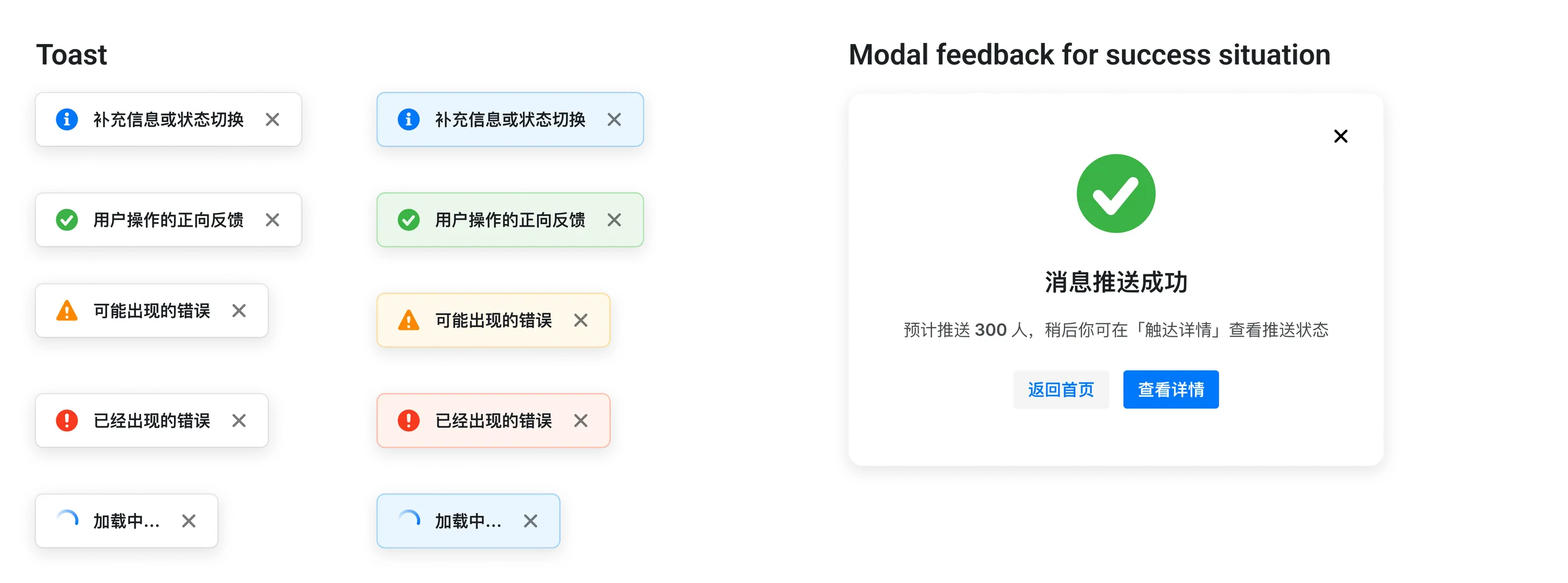 Toast in two styles (info, success, warning, error, loading) and a modal for a successful action