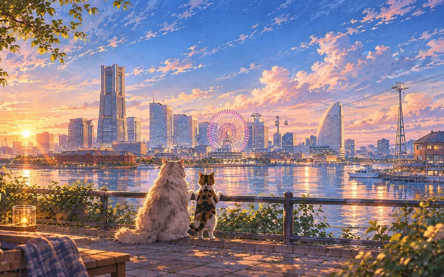 Painted illustration: a terrace by the harbour as the sun sits low. A fluffy cat and a small calico stand at the railing looking across the glittering water at the towers, a Ferris wheel and red-brick warehouses, with cable cars passing overhead; a lantern glows on a bench under a tree.