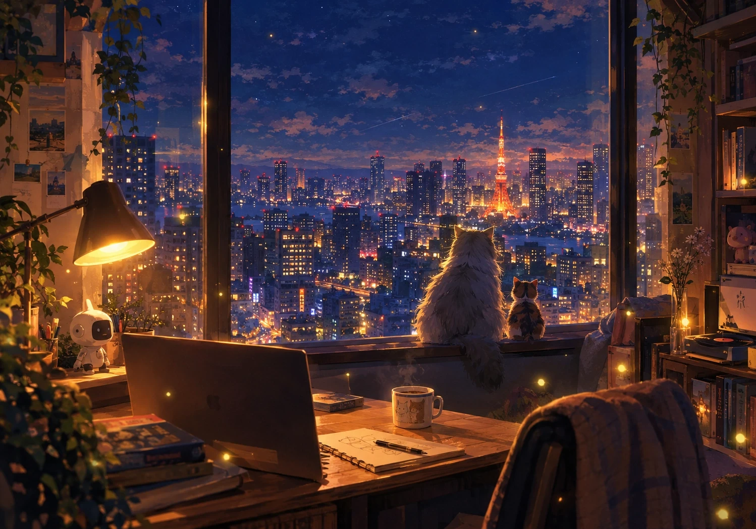 Painted illustration: a cozy Tokyo apartment workspace at night. Two cats sit on the window sill looking out at the city lights and Tokyo Tower; on the desk are a laptop, a small robot figurine, a sketch notebook and a coffee mug under a warm lamp.