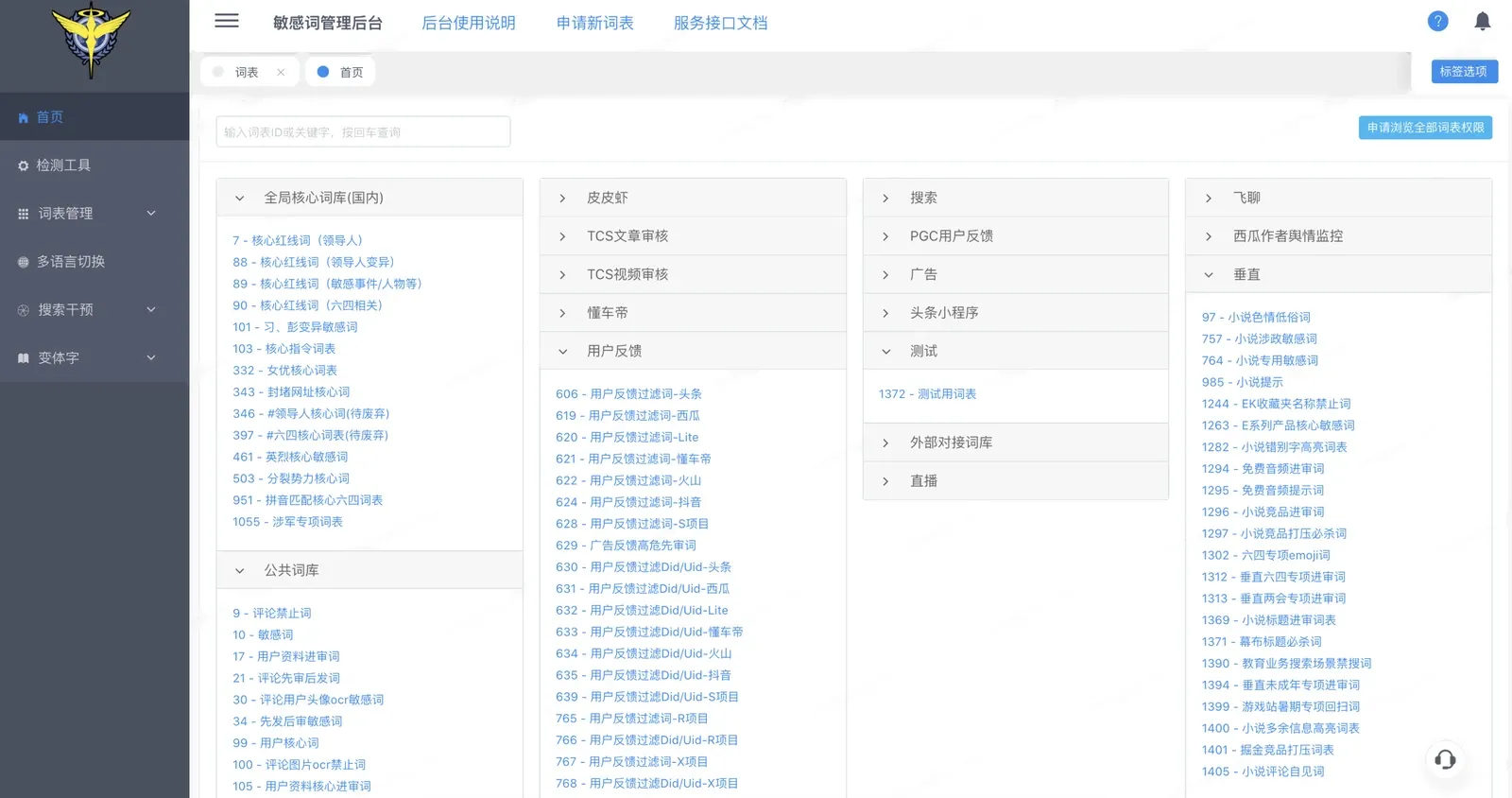 The previous version’s home page: a dense list of wordlists grouped by product line