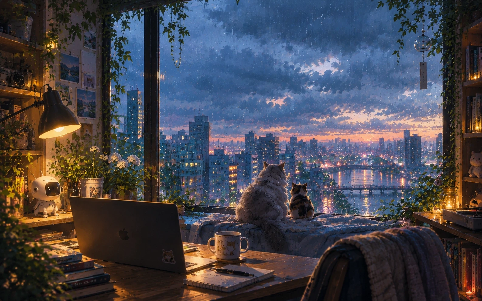 Painted illustration: a desk by a rain-streaked window at dusk. Two cats sit on the sill watching the city and the river light up under heavy clouds; a desk lamp, a laptop and a mug of coffee are on the desk.