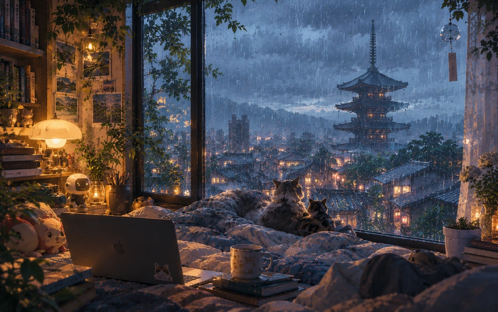 Painted illustration: a lamplit room on a rainy night. Two cats sit among the blankets by the window, looking out at an old town of tiled roofs and a five-storey pagoda in the rain.