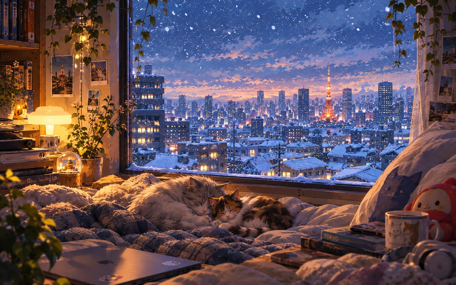Painted illustration: a warm room on a snowy evening. Two cats sleep curled together on a blanket by the window; outside, snow falls on the rooftops and Tokyo Tower is lit.