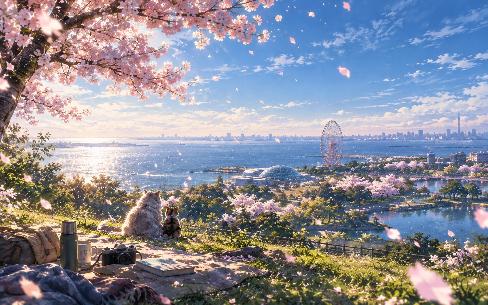 Painted illustration: a picnic under a cherry tree on a hill above the bay in spring. Two cats sit on the grass looking out over the sparkling water, a Ferris wheel and a glass dome among blossoming trees, while petals drift through the air.