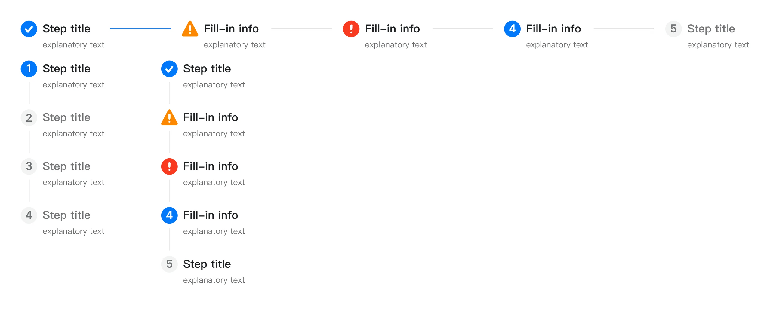 Steps, horizontal and vertical, with done, warning, error, current and waiting states