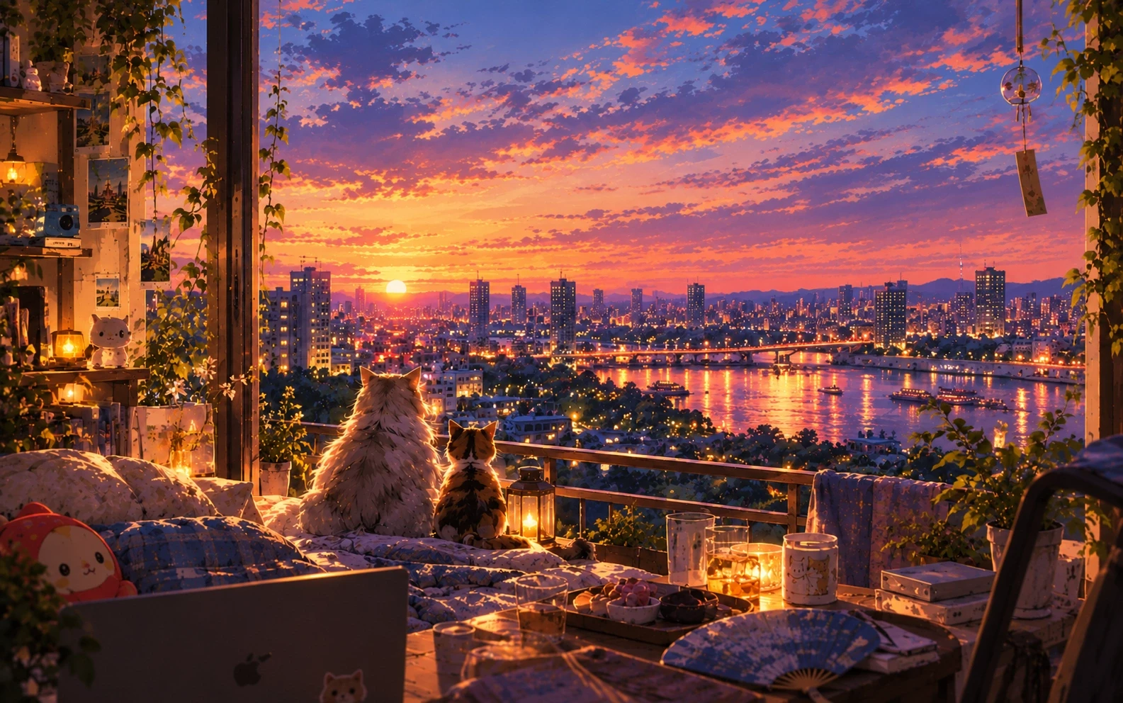 Painted illustration: a balcony at sunset in summer. Two cats sit side by side watching fireworks over the river and the city, with lanterns and candles glowing around them.