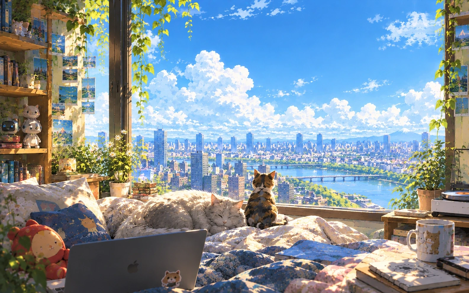 Painted illustration: a sunlit bedroom above the city on a clear morning. One cat sleeps on the bed and another sits on the window sill, looking out at white clouds, a river and Mount Fuji far away.