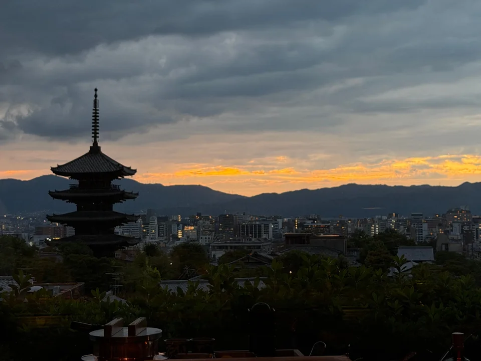 A five-story pagoda against the sunset