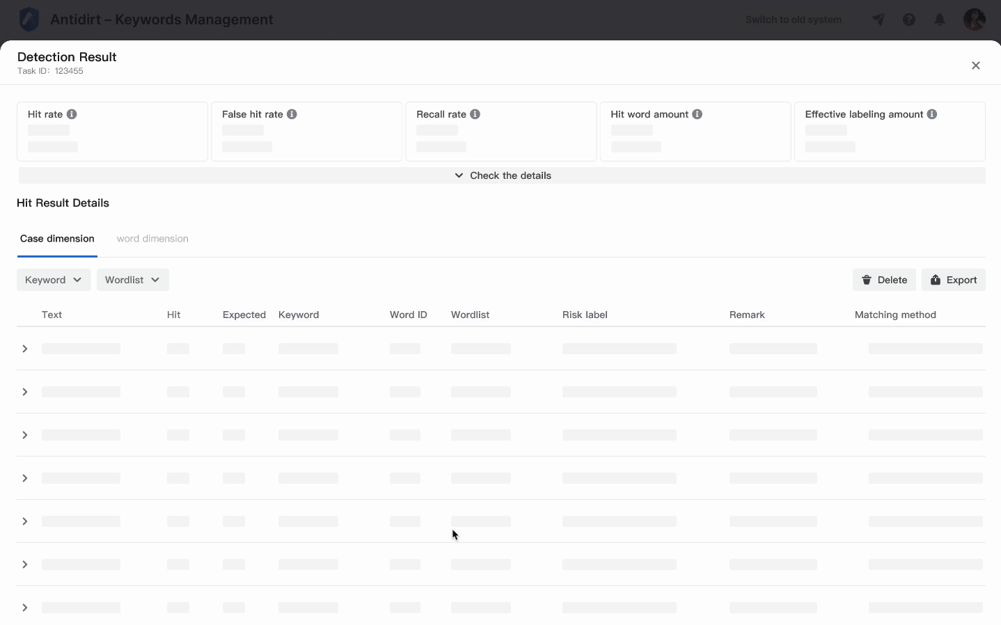 The detection result page: hit rate, false hit rate and recall rate at the top, hit details below