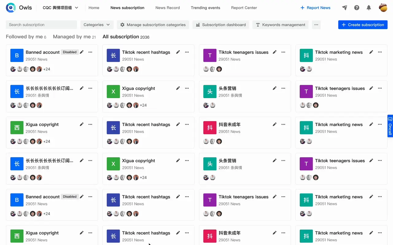 New news subscription page: subscription cards with their managers' avatars fill the full width, with tabs for followed, managed and all subscriptions